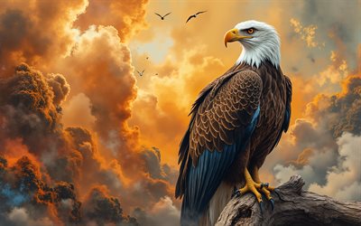 pygargue à tête blanche, coucher de soleil, silence, oiseaux de proie, dessiné pygargue à tête blanche, symbole des états unis, pygargue à tête blanche sur une branche, aigles