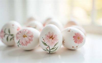 ovos de páscoa com fotos, 4k, feliz páscoa, ovos com enfeites florais, ovos de páscoa, conceitos de páscoa, decorações de páscoa, páscoa, ovos na mesa