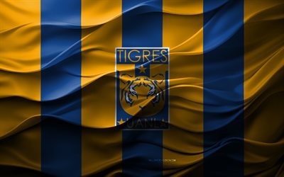 4k, Tigres UANL logo, blue yellow 3D background, Tigres UANL emblem, Liga MX, Mexican football team, Tigres UANL flag, 3D texture, Tigres UANL, football, Mexico
