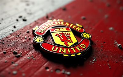 Manchester United FC metal logo, 4k, red and white metal background, NBA, Manchester United FC logo, Manchester United FC emblem, football, Manchester United FC, Manchester United, Man United