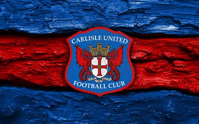 Carlisle United FC wooden logo, 4k, blue red wooden background, National League, soccer, Carlisle United FC logo, football, Carlisle United FC emblem, Carlisle United FC, english football club, Carlisle United