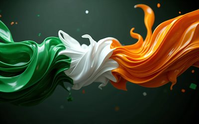 bandera de irlanda, 4k, arte lineal 3d, bandera irlandesa, salpicaduras de pintura verde blanco naranja, bandera irlandesa 3d, irlanda