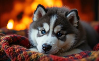 4k, Alaskan Malamute puppy, cute dog, fireplace, cute animals, checkered blanket, close-up, puppies, forest, dogs, muzzle, Alaskan Malamute, pets, dog in blanket, Alaskan Malamute Dog