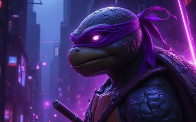 4k, donatello, yeux violets brillants, art 3d, tortues ninja adolescentes mutantes, obscurité, créatif, caractères tmnt, tortues mutées, donatello 3d, tmnt, tortues ninja
