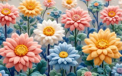 4k, flores tejidas, obra de arte, flores coloridas en 3d, fondo floral 3d, fondo con flores, flores hechas de hilos, patrones florales, flores 3d, hilos de arte