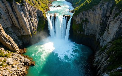 cachoeira, primavera, rio da montanha, cachoeira alta, pedras, montanhas, linda cachoeira, paisagem de primavera, cachoeiras