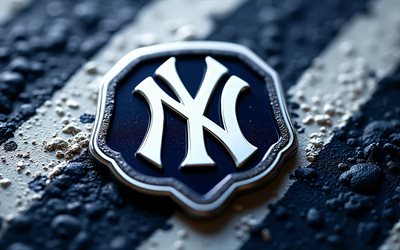 new york yankees metalllogga, 4k, blå vit metall bakgrund, nba, new york yankees logotyp, new york yankees emblem, usa, new york yankees, baseball, the yanks, pinstripers, bronx bombplan, major league baseball
