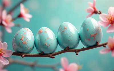Light Blue Easter Eggs, 4K, Happy Easter, eggs on a cherry tree, Easter Eggs, spring, Easter decorations, cherry blossoms, Easter