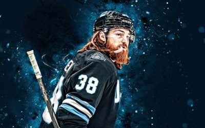 Liam OBrien, 4k, blue neon lights, Utah Mammoth, NHL, Canadian hockey players, Liam OBrien 4K, hockey, National Hockey League, Liam OBrien Utah Mammoth