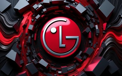 4k, logotipo metálico lg, bokeh, fondos rojos 3d, creativo, logotipo 3d de lg, obra de arte, logotipo de lg, marcas de electrónica, lg