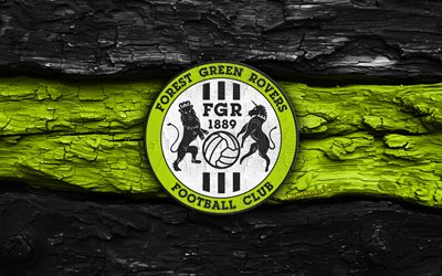Forest Green Rovers FC wooden logo, 4k, black green wooden background, National League, soccer, Forest Green Rovers FC logo, football, Forest Green Rovers FC emblem, Forest Green Rovers, english football club, Forest Green Rovers FC