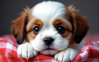 جرو شيه تزو, 4k, خوخه, حيوانات لطيفة, بطانية متقلب, الجراء, كلاب, كمامة, شيه تزو, حيوانات أليفة, كلب في بطانية, كلب شيه تزو