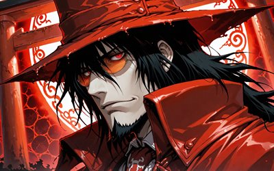 4k, alucard, de cerca, puerta torii, oscuridad, infierno, impermeable rojo, conde drácula, torii, manga, dorakyura, manga hellsing, personaje de alucard, arte alucard, personajes infernales, alucard hellsing