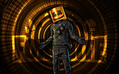 marshmello tostado fortnite, 4k, fondo espiral amarillo, fortnite, creativo, piel de marshmello tostada, piel de marshmello tostado de fortnite, marshmello tostado, personajes fortnite