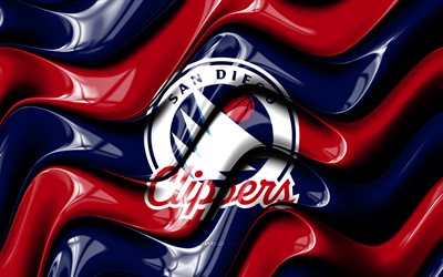 logotipo 3d de los clippers de san diego, 4k, ondas 3d rojas azules, liga nba g, baloncesto, bandera de los clippers de san diego, logotipo de los clippers de san diego, emblema de los clippers de san diego, equipo de baloncesto americano, clippers de san diego