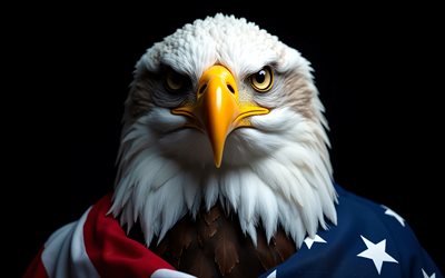 águia careca envolta em uma bandeira americana, 4k, águia careca com bandeira americana, símbolo dos eua, símbolos nacionais americanos, águia careca, eua, bandeira americana, bandeira dos eua, 4 de julho, quatro de julho