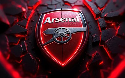 4k, logo métallique d'arsenal fc, fond de pierre noire, obscurité, première ligue, football, logo arsenal fc, néons rouges, logo lumineux d'arsenal fc, équipe de football anglaise, logo 3d d'arsenal fc, emblème d'arsenal fc, arsenal fc