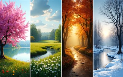 cuatro estaciones, 4k, primavera, verano, otoño, invierno, 4 estaciones, conceptos de las cuatro estaciones, paisajes primavera verano otoño invierno