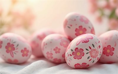Pink Easter eggs, 4k, Happy Easter, eggs with pink ornaments, Easter eggs, Easter concepts, Easter decorations