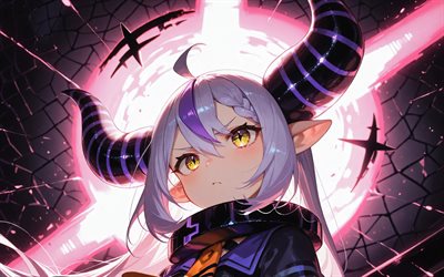 4k, Laplus, pink neon rays, close-up, Virtual YouTuber, purple abstract background, Hololive, VTuber, green eyes, La Darknesss, manga, Laplus channel, Laplus Virtual YouTuber