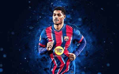 Marcus Rashford, 4k, blue abstract background, FC Barcelona, La Liga, english footballers, Marcus Rashford 4K, blue neon lights, football, soccer, Barcelona FC, LaLiga, Barcelona, FCB, Marcus Rashford Barcelona