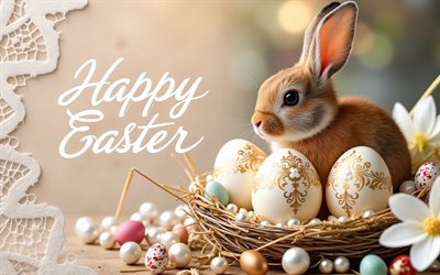 4k, lapin de pâques, dentelle blanche, fleurs, joyeuses pâques, oeufs de pâques, décorations de pâques, lapin, milieux de pâques, lapins, lapins de pâques, inscription joyeuses pâques, pâques