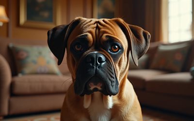 pugile tedesco, 4k, bokeh, divano, simpatici animali, cani, museruola, animali domestici, cane in coperta, cane boxer tedesco