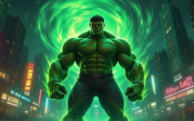 Hulk, 4k, green glow, superheroes, Marvel Comics, night, Incredible Hulk, artwork, Hulk art, fan art, Hulk 4K