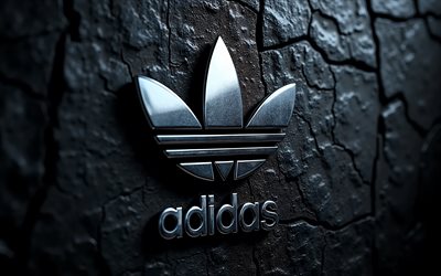 logotipo cromado de adidas, 4k, fondo de pared negro, logotipo metálico de adidas, logotipo 3d de adidas, signo adidas, símbolo adidas, emblema adidas, logotipo de adidas, adidas