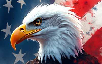águia americana perto da bandeira americana, 4k, aves de rapina, símbolos dos eua, águia careca, bandeira americana, bandeira dos eua, arte da águia americana