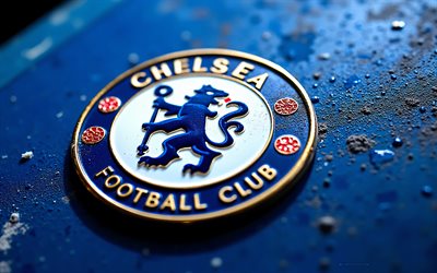 Chelsea FC metal logo, 4k, yellow and purple metal background, Premier League, Chelsea FC logo, Chelsea FC emblem, England, Chelsea FC, football, Chelsea