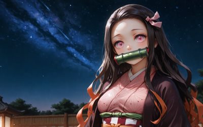 4k, nezuko kamado, cielo nocturno, asesino de demonios, kimono, protagonista, cazador de demonios kimetsu no yaiba, mordaza de bambú verde, manga, kamado nezuko, cazador de demonios, nezuko kamado kimetsu no yaiba