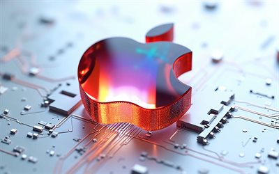 logotipo de vidro multicolorido da apple, 4k, fundo cinza, logotipo da maçã, sinal de maçã, logotipo 3d da apple, emblema da maçã, fundo tecnológico, maçã
