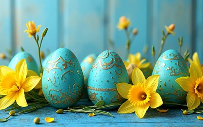 œufs de pâques bleus, 4k, jonquilles jaunes, joyeuses pâques, fond en bois bleu, oeufs de pâques, décorations de pâques, concepts de pâques, pâques
