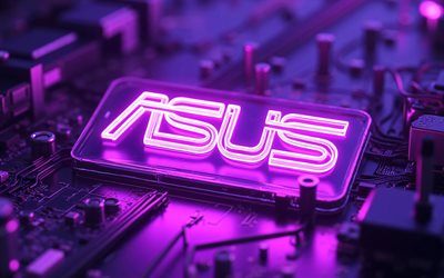 4k, Asus purple neon logo, darkness, purple hi-tech backgrounds, Asus glass logo, Asus 3D logo, artwork, Asus logo, Asus glowing logo, electronics brands, Asus