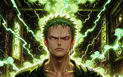 4k, roronoa zoro, humo verde, una pieza, kimono, oscuridad, personajes de una pieza, manga, cazador de piratas, roronoa zoro una pieza