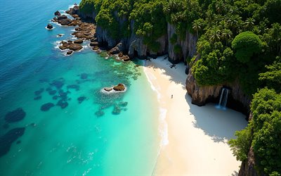 सुंदर खाड़ी, महासागर, उष्णकटिबंधीय द्वीप, हवाई दृश्य, शानदार समुद्र तट, झरना, ताड़ के पेड़, ऊपर से समुद्र तट का दृश्य, स्वर्ग, ऊपर से उष्णकटिबंधीय द्वीप का दृश्य