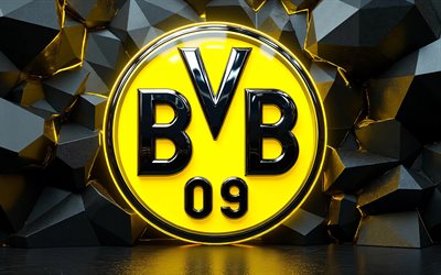 4k, logo borussia dortmund in metallo, sfondo nero 3d, bundesliga, calcio, lo stemma del borussia dortmund, bvb, logo 3d del borussia dortmund, squadra di calcio tedesca, borussia dortmund fc