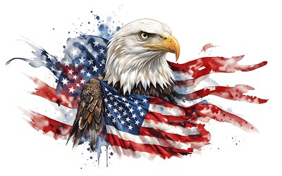 Bald eagle, 4k, grunge art, American flag, paint splash art, Bald eagle and USA flag, creative art, USA, US symbols, Fourth of July, 4th of July, Independence Day