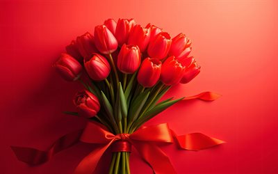 4k, red tulips, bouquet of tulips, minimalism, spring flowers, red background, beautiful flowers, red bow, spring, background with tulips, red flowers, tulips