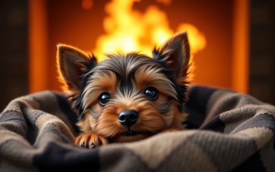 Yorkshire Terrier puppy, 4k, cute dog, fireplace, cute animals, checkered blanket, close-up, puppies, dogs, muzzle, Yorkshire Terrier, bokeh, pets, dog in blanket, Yorkshire Terrier Dog