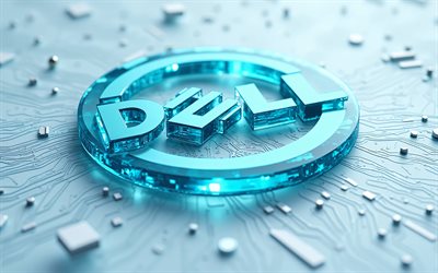 dell logo aus blauem glas, grauer technologiehintergrund, dell 3d logo, 3d dell emblem, dell logo, graues motherboard, dell