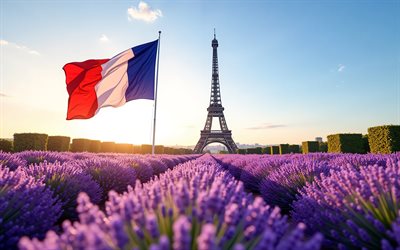 torre eiffel, 4k, bandera francesa, campos de lavanda, bandera de francia, viajar a francia, conceptos de la torre eiffel, conceptos de francia, lavanda, francia