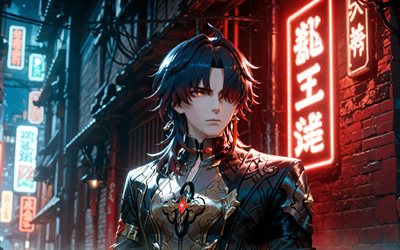 blad, 4k, natt, färgglada neonskyltar, honkai star rail, gata, anime karaktärer, manga, honkai star rail karaktärer, stellaron hunters, blade honkai star rail
