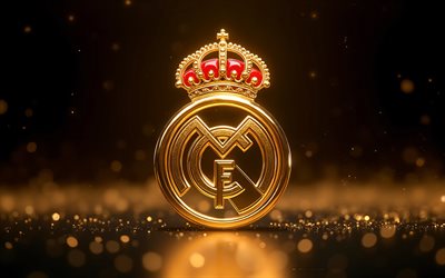 goldenes 3d logo von real madrid, 4k, real madrid cf, goldener hintergrund, real madrid emblem, real madrid logo, zeichen von real madrid, la liga, spanien, fußball, real madrid