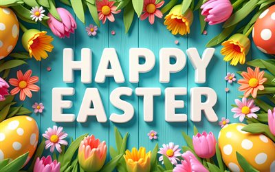 joyeuses pâques, 4k, fond en bois bleu, oeufs de pâques, fleurs, cadres de pâques, décorations de pâques, milieux de pâques, inscription joyeuses pâques, pâques