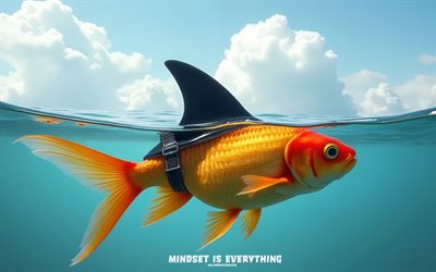 mentalidade é tudo, 4k, peixinho dourado com barbatana de tubarão, citações motivacionais, citações de mentalidade, conceitos de mindset é tudo, peixinho dourado, inspiração, mindset é tudo arte