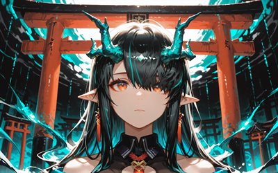 4k, crépuscule, porte torii, nuit, chevaliers, lueur turquoise, mangas, torii, tout est un miracle, nm02, personnages d'anime, personnages des chevaliers, chevaliers du crépuscule