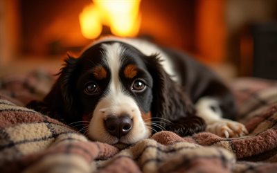 جرو كوكر سبانيل الإنجليزي, 4k, خوخه, مدفأة, حيوانات لطيفة, بطانية متقلب, عن قرب, الجراء, كلاب, كمامة, الإنجليزي كوكر سبانيل, حيوانات أليفة, كلب في بطانية, كلب كوكر سبانيل الانجليزي