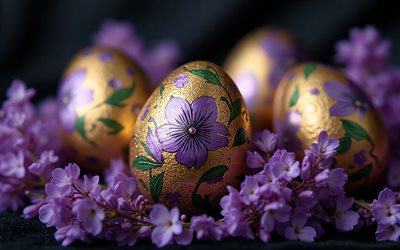 œufs de pâques dorés, joyeuses pâques, ornements violets, oeufs de pâques, décorations de pâques, concepts de pâques, pâques, fleurs de printemps violettes